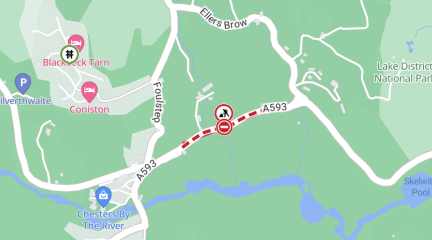 Red dotted line indicating an emergency road closure at the A593 at Coniston 