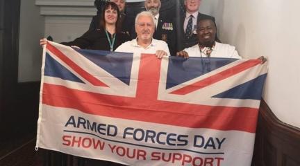 Pictured are Andy Picket, Royal British Legion Standard Bearer; Andy Edgar, RBL bugler and Chris Maycock, RBL Kendal branch Chair. W&F Armed Forces Lead Officer Linda Jones; veteran Brian Cooper and the council’s Deputy Chair Cllr Ali Jama.