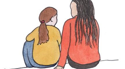 An illustration of an adult speaking with a young person. 