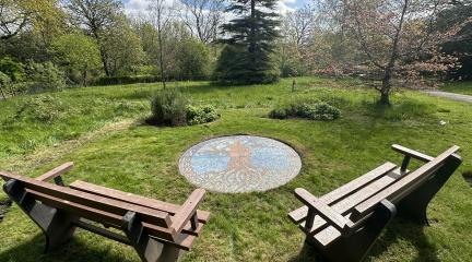 Tree of life mosaic and benches in Barrow Park