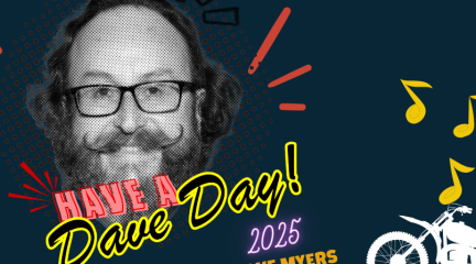 Dave Myers, bunting, musical notes and a motorbike. Logos for Westmorland and Furness Council, Visit Barrow and Barrow BID. Text reads: Have a Dave Day 2025. Sat 21st and Sun 22nd June. Barrow-in-Furness.  More information at www.visitbarrow.org.uk/dave-day