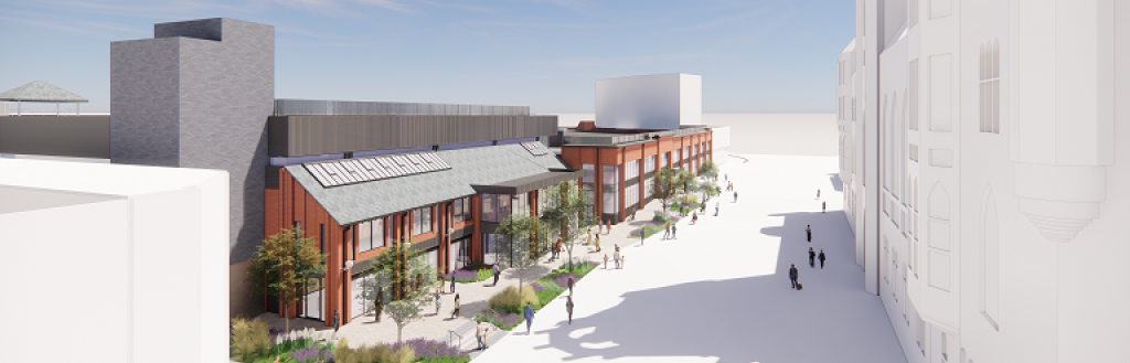 An artist's impression of how the front of The Forum and Market Hall in Barrow will look, with trees and shrubs outside