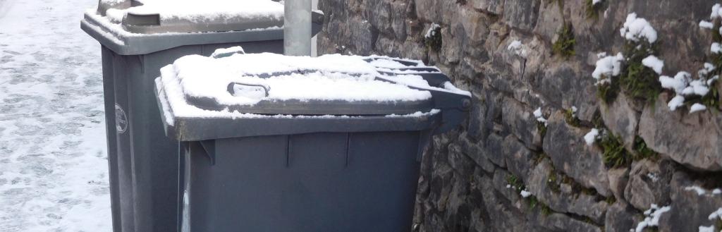 A line of grey waste bins on a pavement covered in snow.