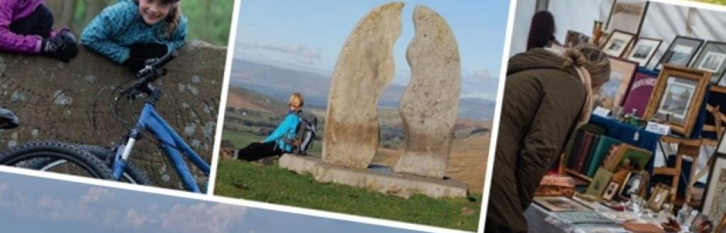 Images of two children and a bike, a stone sculpture and a person looks at some paintings.