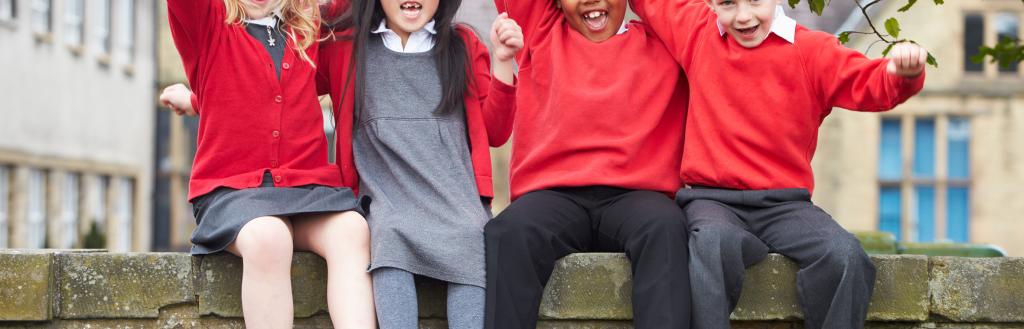 children sitting on a wall in school uniform