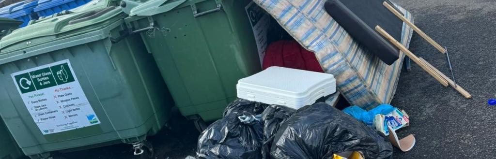 Fly-tipping at the bring suite at Morrisons. Picture shows rubbish bags, an old mattress and furniture that has been illegally dumped